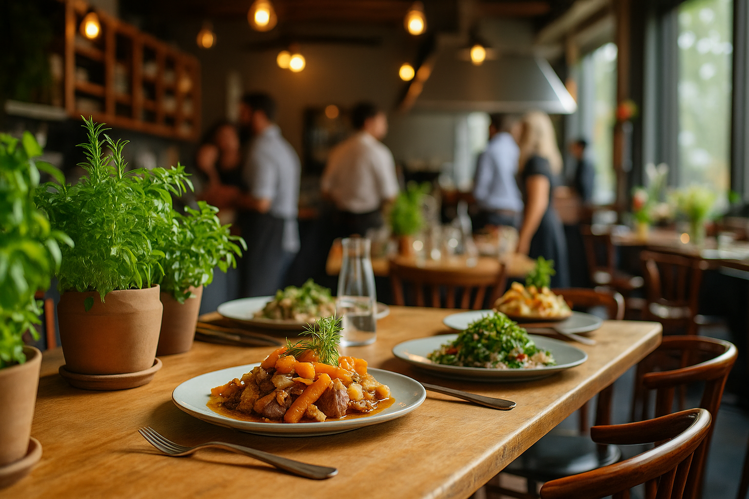 Farm to table restaurant interior with fresh herbs and artisanal dishes